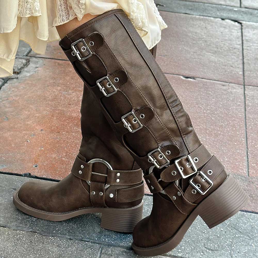 Brown Vegan Leather Round Toe Chunky Heel Buckled Boots Nicepairs