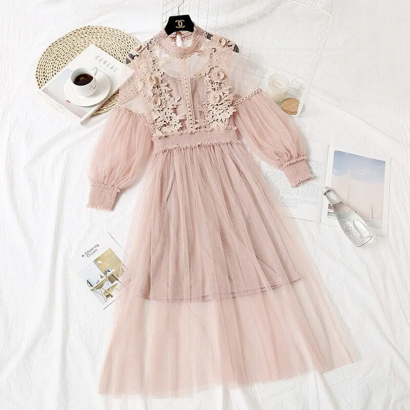 New Arrivals Lantern Sleeve Voile Long Dress Female Women Lace Flower Dress Women Casual Hook Princess Dresses 2 Piece Set 12041