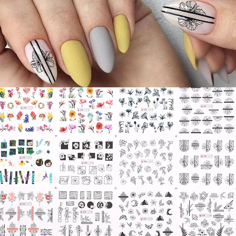 12 Styles Harunouta Nail Water Decals Maple Leaves Geometric  Line Nail Water Stickers Slider Nail Art Decoration Wraps-Nail Inspo