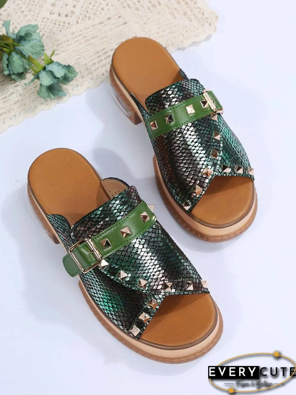 Urban Studded Snake Print Chunky Heel Slippers