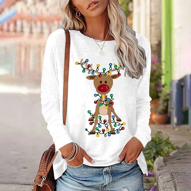 Wearshes Christmas Lights Elk Print Long Sleeve Sweatshirt