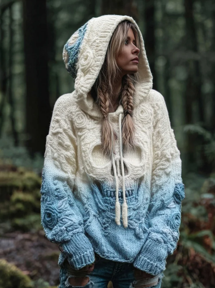 Women's Vintage Viking Skull And Rose Gradient Art Knit Hooded Sweater