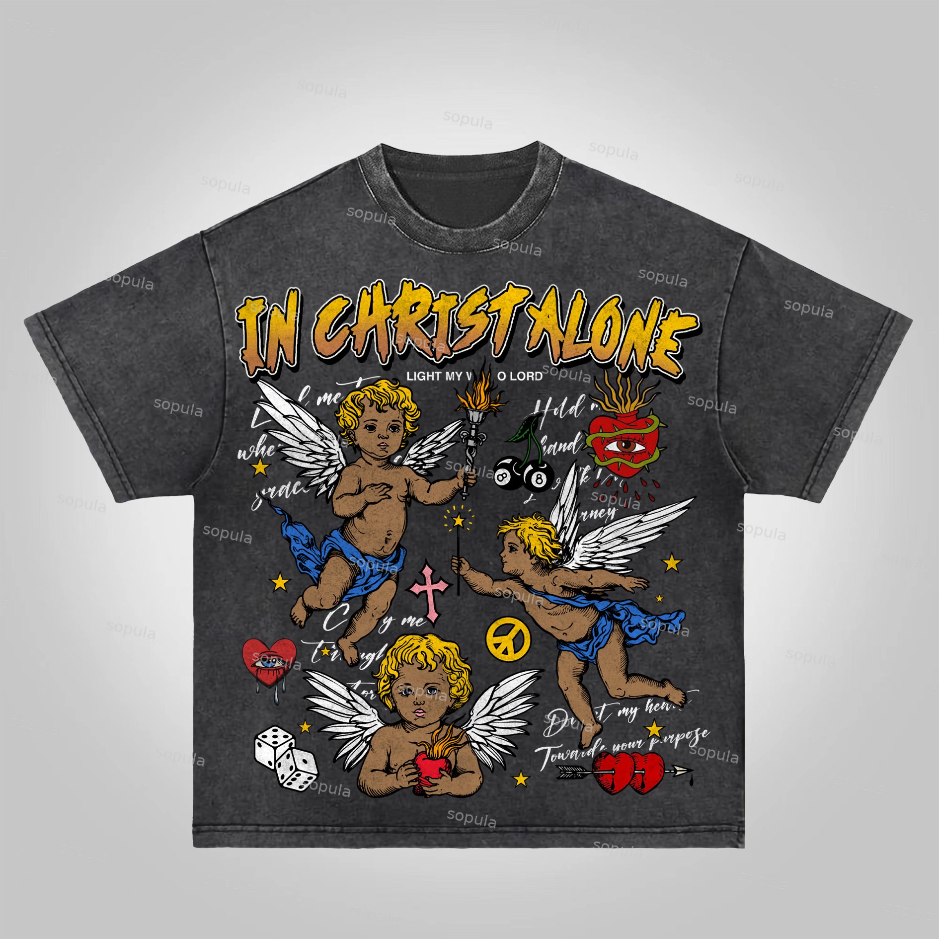 Sopula In Christ Alone Collage Printed Graphics Acid Washed T-Shirt