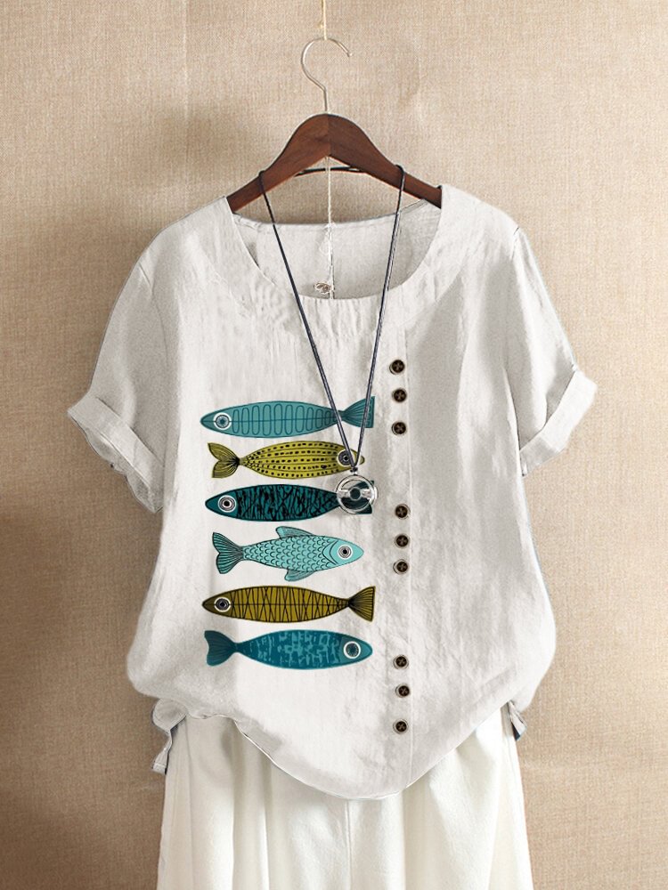 Fish Print Patched Casual Short Sleeve O Neck Cotton T shirt For Women P1656834