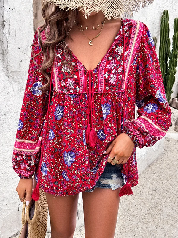 Tied Split-Joint Pleated Elasticity Contrast Color Puff Sleeves Loose V-neck Blouses&shirts Tops