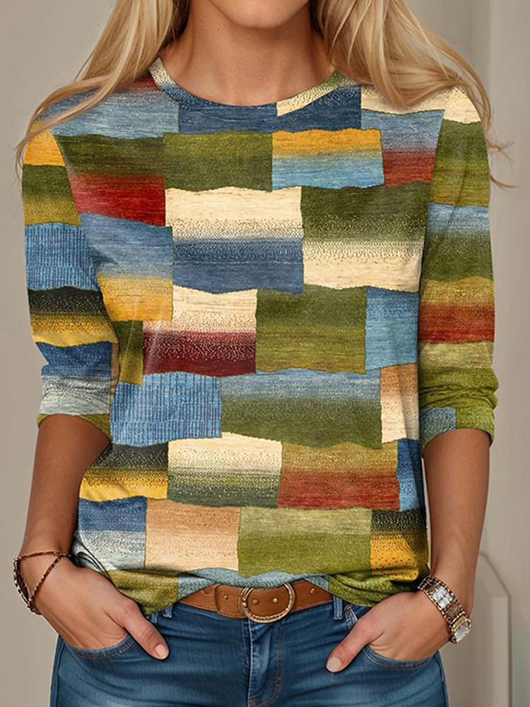 Comstylish Women's Geometric Plaid Round Neck Long Sleeve T-Shirt