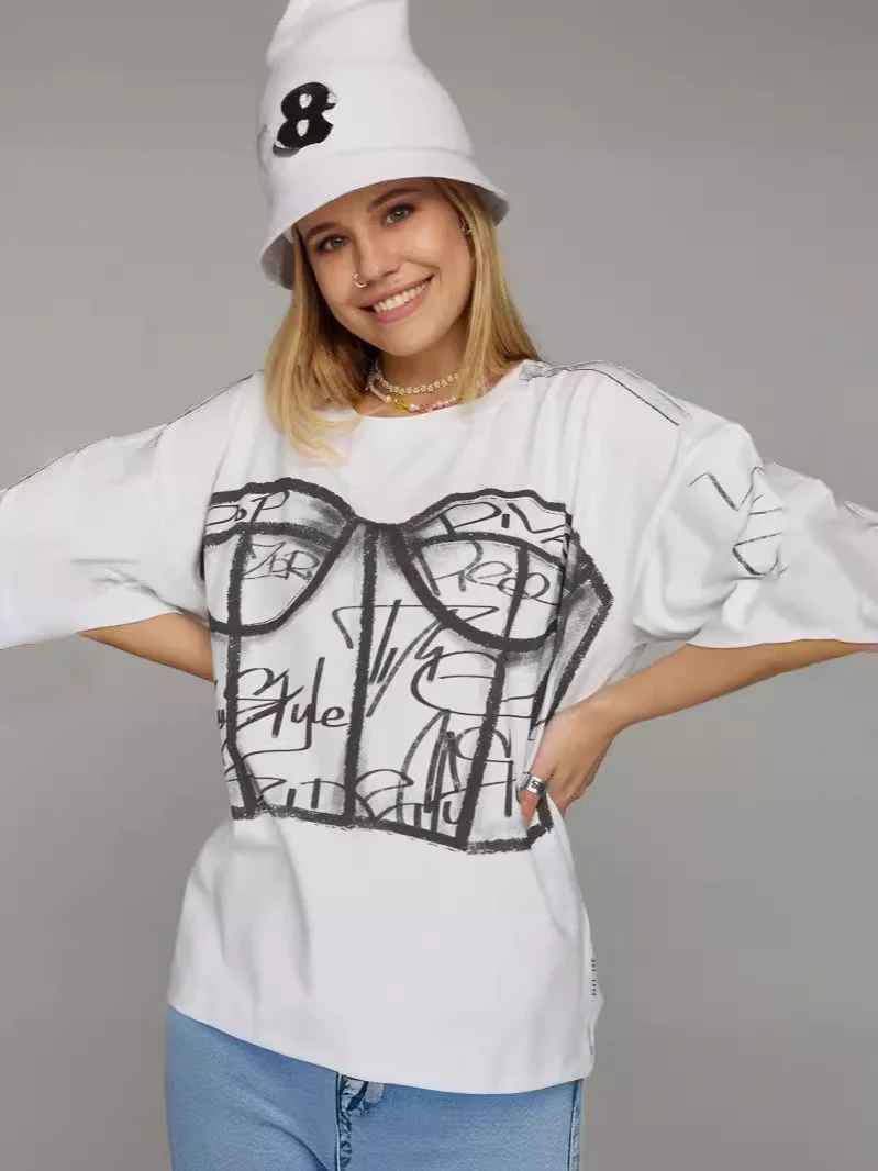 Athvotar Athvotar And Spicy Wind Shoulder Short-Sleeved Letter Printing T-Shirt Girl Spring Small Loose Thin Top Lady