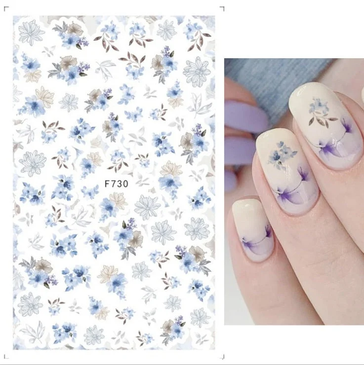 Nail Stickers Back Glue Colorful Flowers Green Leaves Designs Nail Decal Decoration For Nail Tips Beauty-Nail Inspo