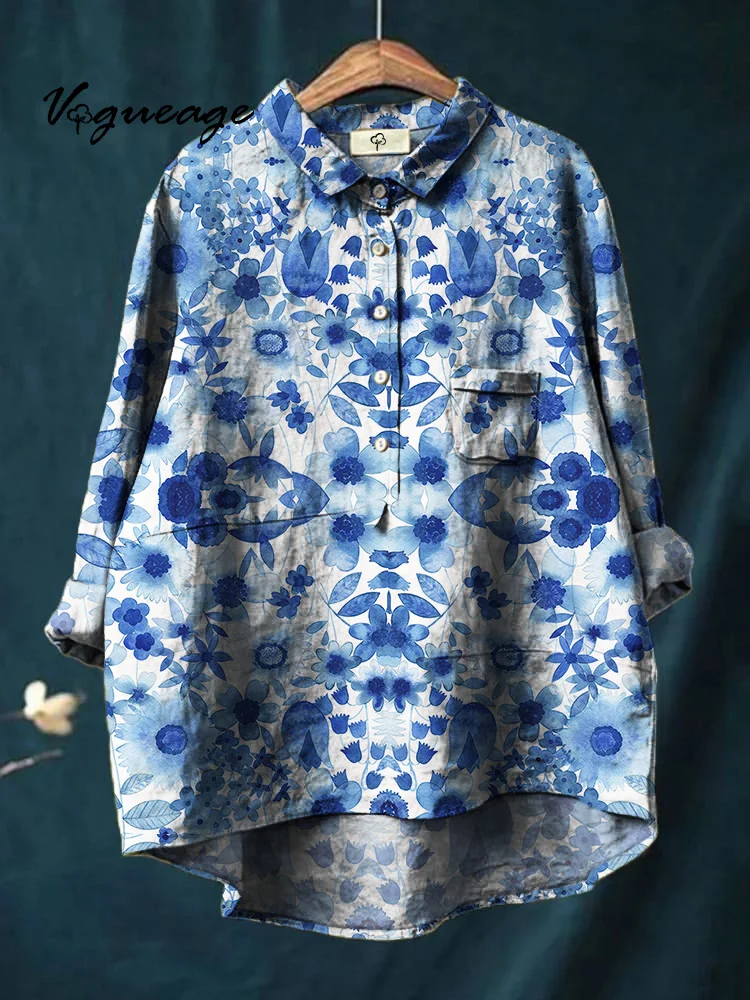Tranquil Elegant Dreamy Blue Plant Flowers Print Cotton And Linen Shirt