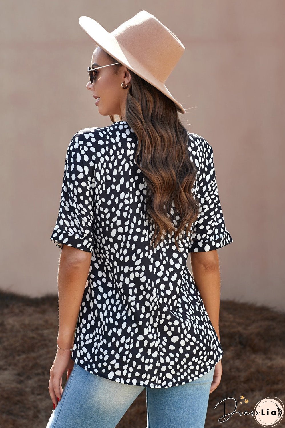 Printed V-Neck Cuffed Tunic Top