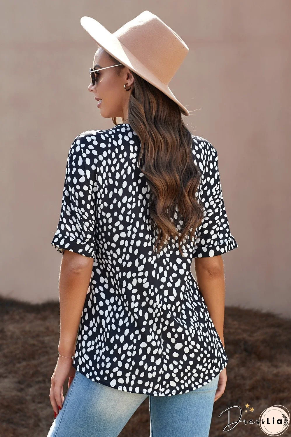 Printed V-Neck Cuffed Tunic Top