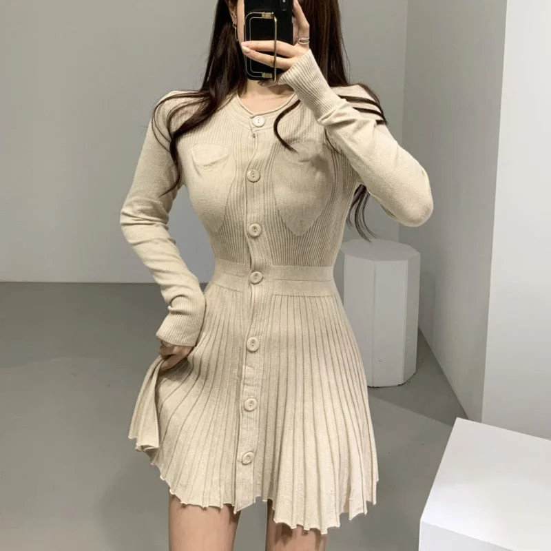 Graduation Gifts   Korean Casual Single Breasted Knitting Mini Dress Women Autumn Winter Buttons Knitted Sweater Dress Pleated Robe Femme Vestidos