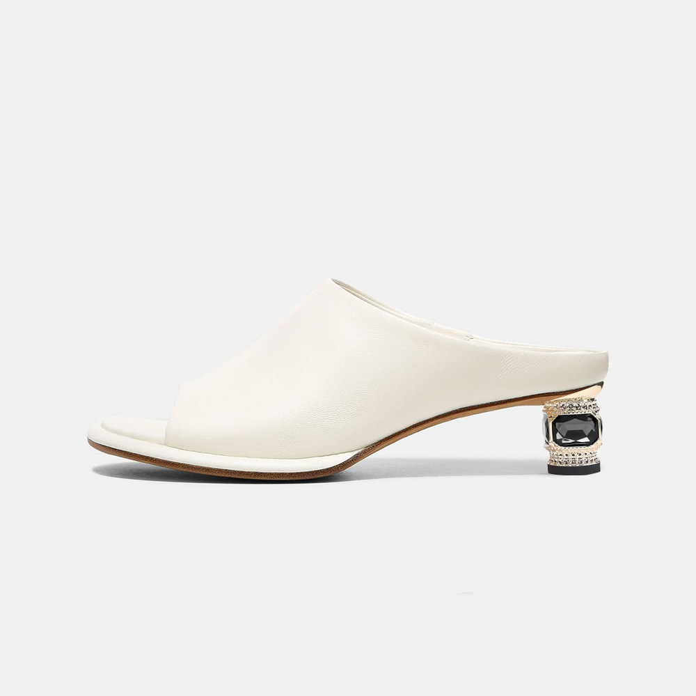 White Vegan Leather Peep Toe Decorative Heel Mules Nicepairs