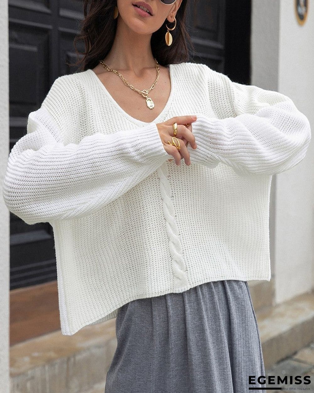 Braided Knit Long Sleeve Casual Sweater | EGEMISS