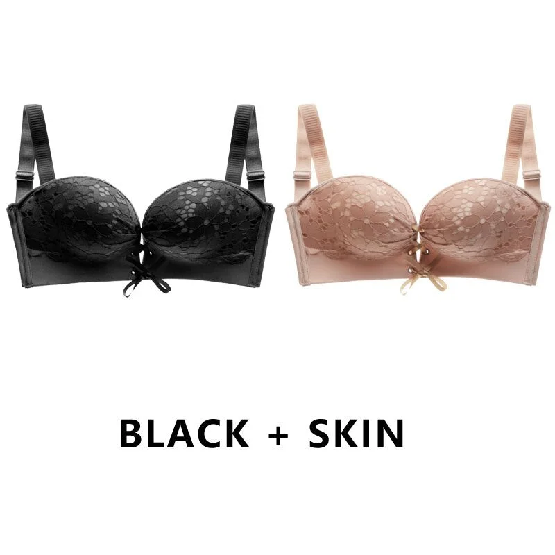 Meet'r 2 PCS/Set Sexy Women Strapless Bra Temptation Super Push Up Invisible Bralette Small Breast Lace Brassiere Lingerie Tops