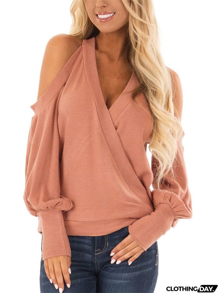 V-neck Cold Shoulder Lantern Sleeve T-shirt for Ladies