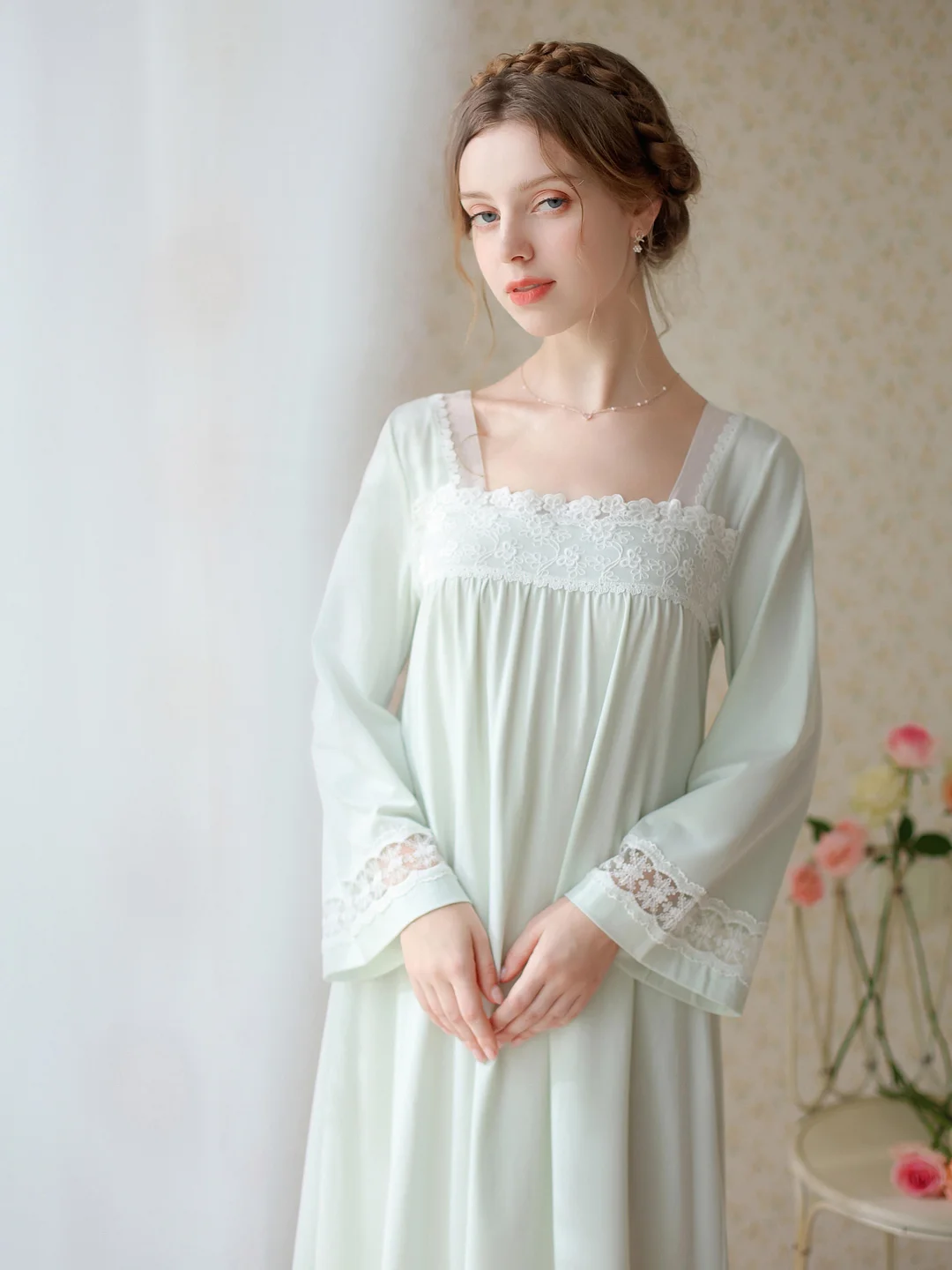 Long Sleeves Vintage Court Sweet Square Collar Green One-Piece Nightgown