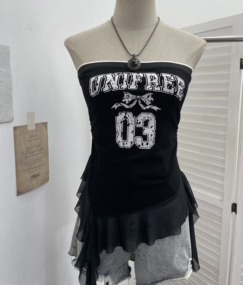 Nigikala Nigikala Shooting Retro Letter Print Bump Color Palette Vest Body Splicing Mesh Yarn With Hottie Top 8089