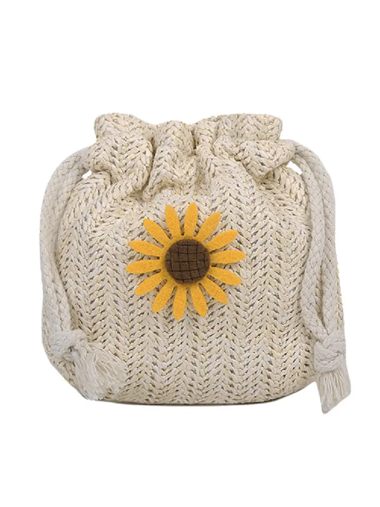 Women Drawstring Shoulder Bag Sunflower Straw Small Woven Crossbody Handbag