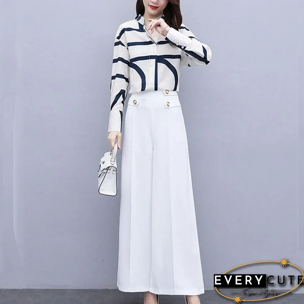 Autumn Fashion Office Two Piece Set Outfits Women Striped Chiffon Shirt Wide Leg Pants