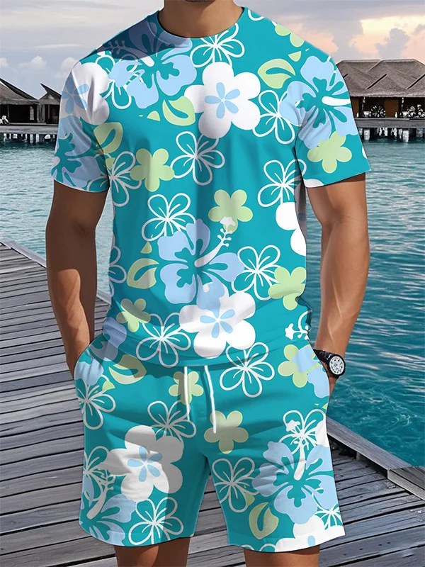 Men's Cartoon Flowers Graphic Print Vacation T-Shirt Shorts Set