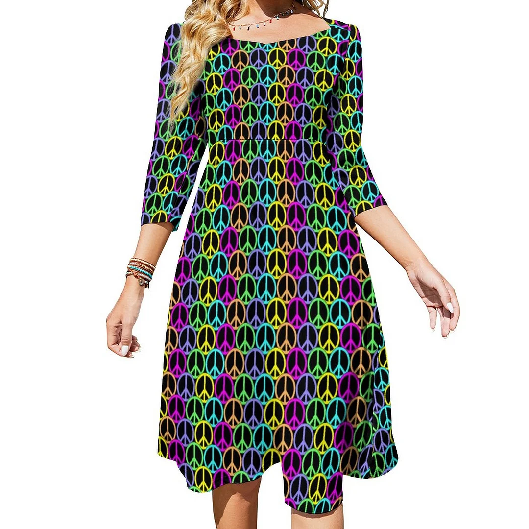 Colorful Peace Sign Pattern Dress Sweetheart Tie Back Flared 3/4 Sleeve Midi Dresses