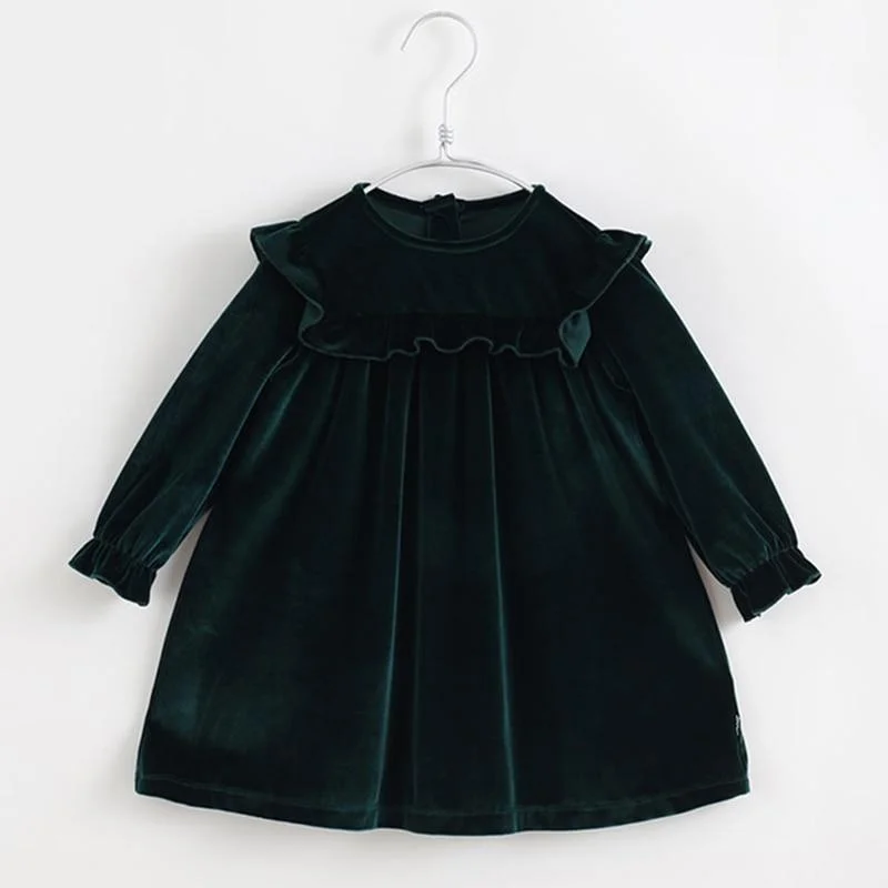 Spring Solid Color Long Sleeve Toddler Velour Dresses 1-8Yrs Baby Girls Dress Sweet Kids Velvet Clothes Princess Ruffles Dresses