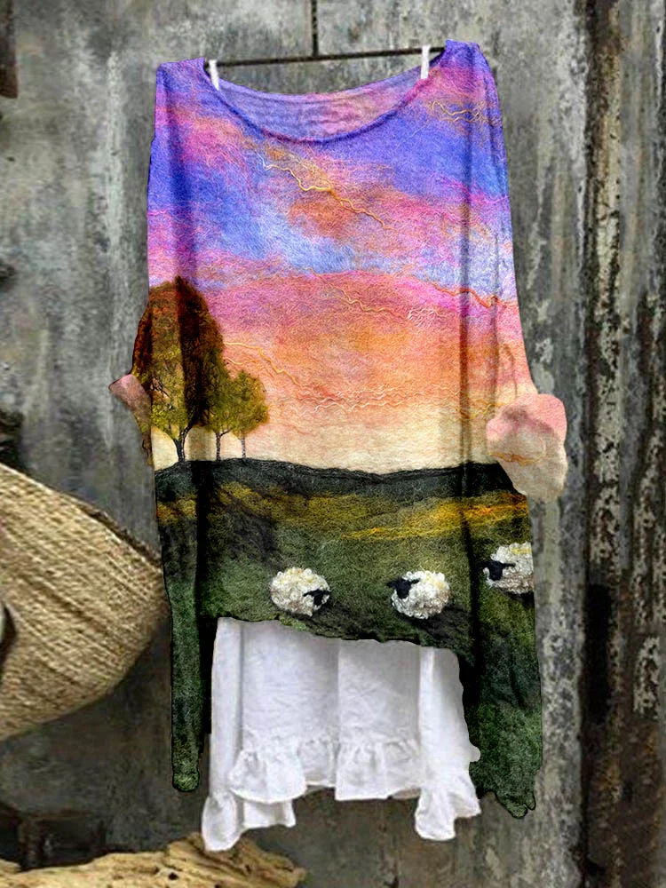 Sheep Grazing Landscape Felted Art Linen Blend Tunic