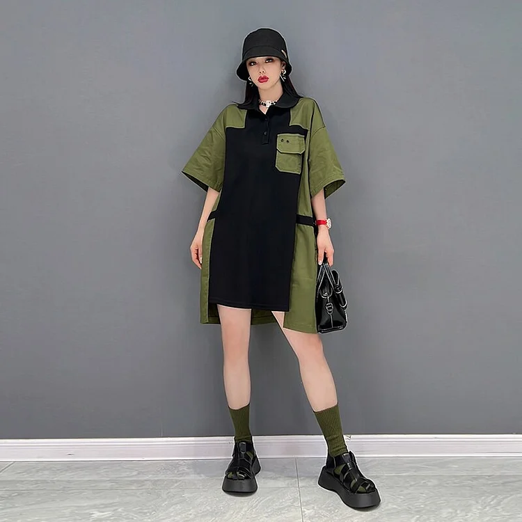 Fashion Loose Turn-down Collar Patchwork Short Sleeve Pocket Dress