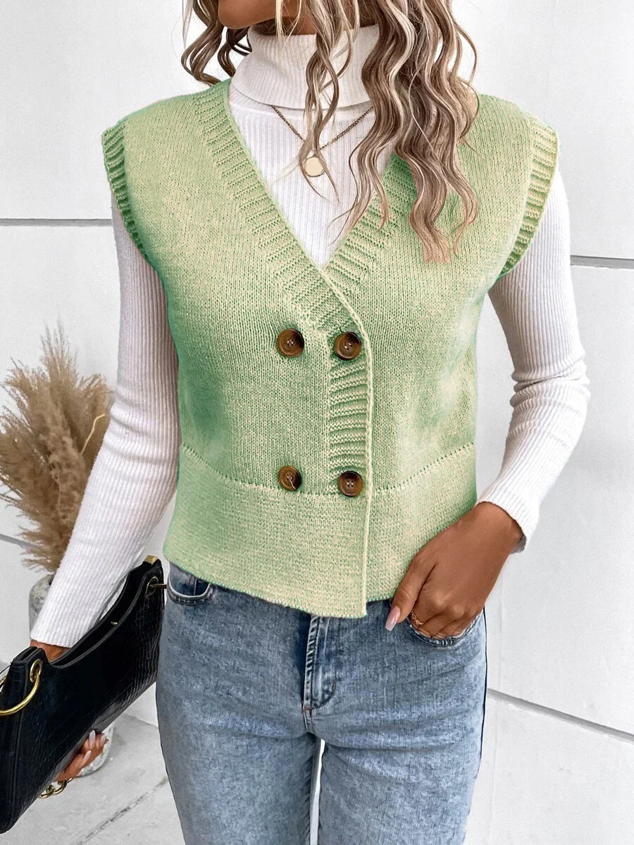 Wongn Wongn Knit Vest V-Neck Button Casual Sweater Double Breasted Women's Cardigan