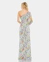 Sequined Floral Print One Sleeve Faux Wrap Gown