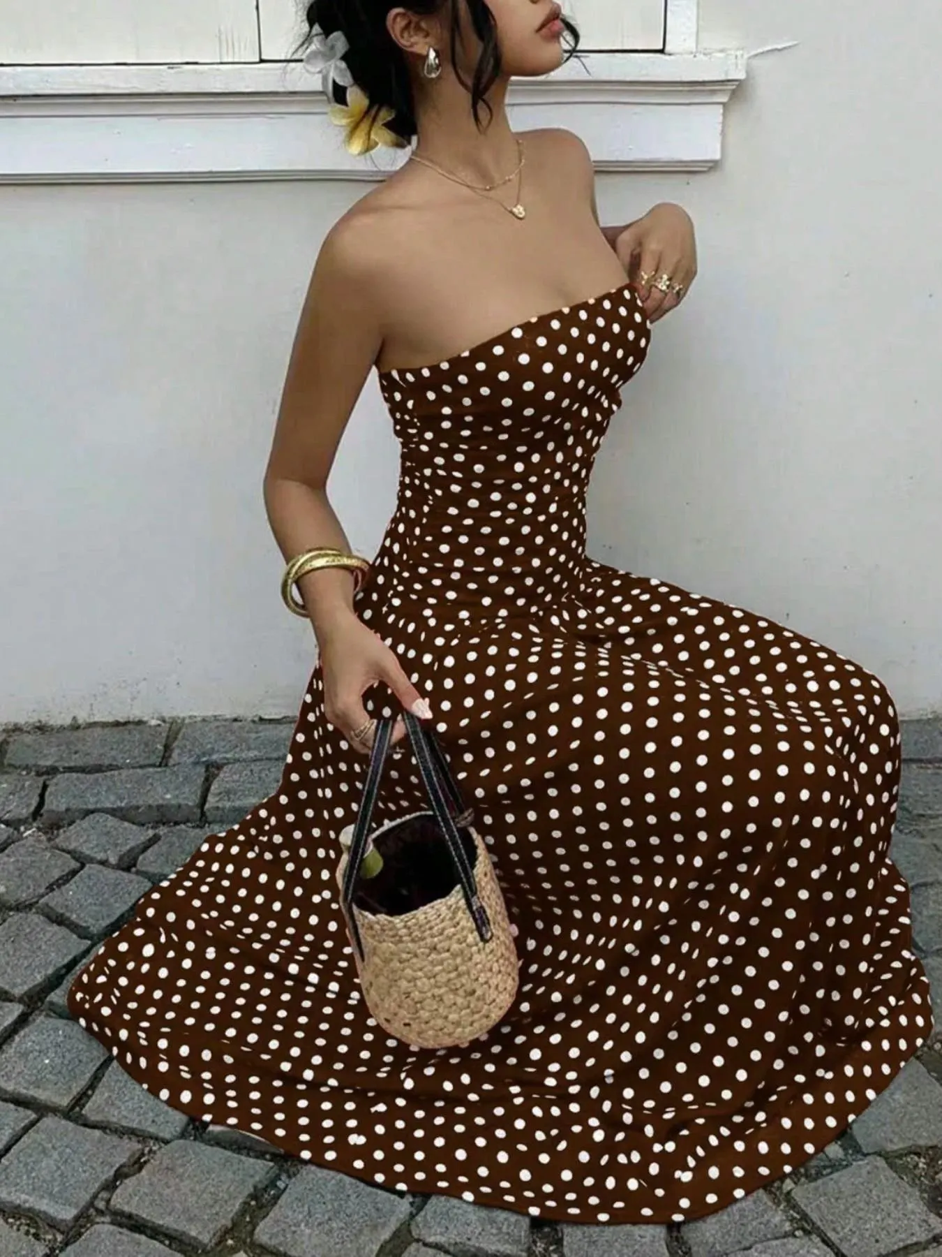 Women's Elegant Chic Fashion Polka Dot Strapless Dress, Stylish Sleeveless Maxi Dress for Parties and Casual Wear Womenswear, Elegant Evening Dress, Formal Dress