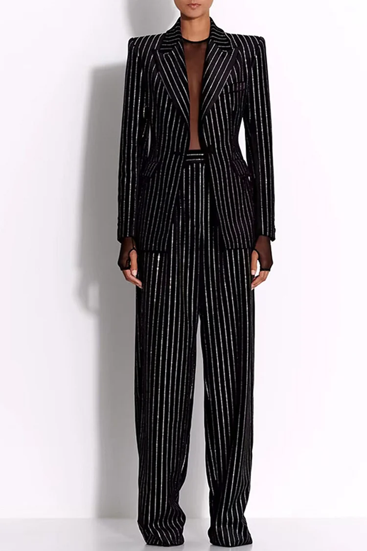 Rhinestone Striped Wide Leg Two Piece Pant Suit-Black