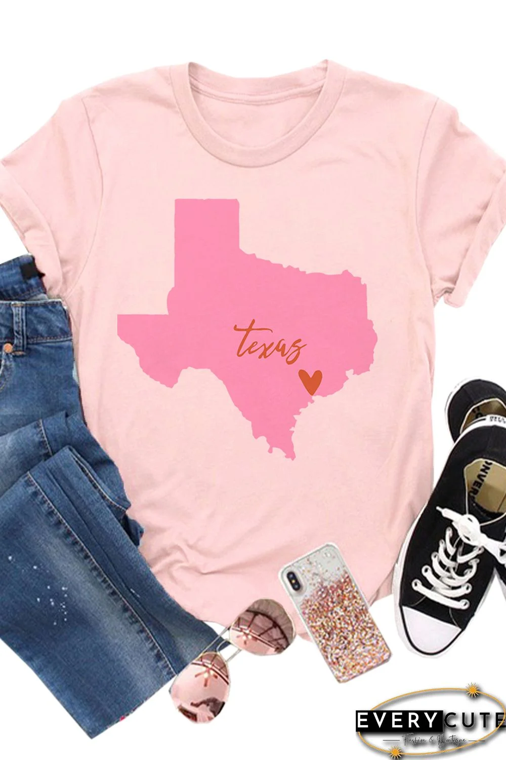 Pink Texas Map Graphic Print Crew Neck T Shirt
