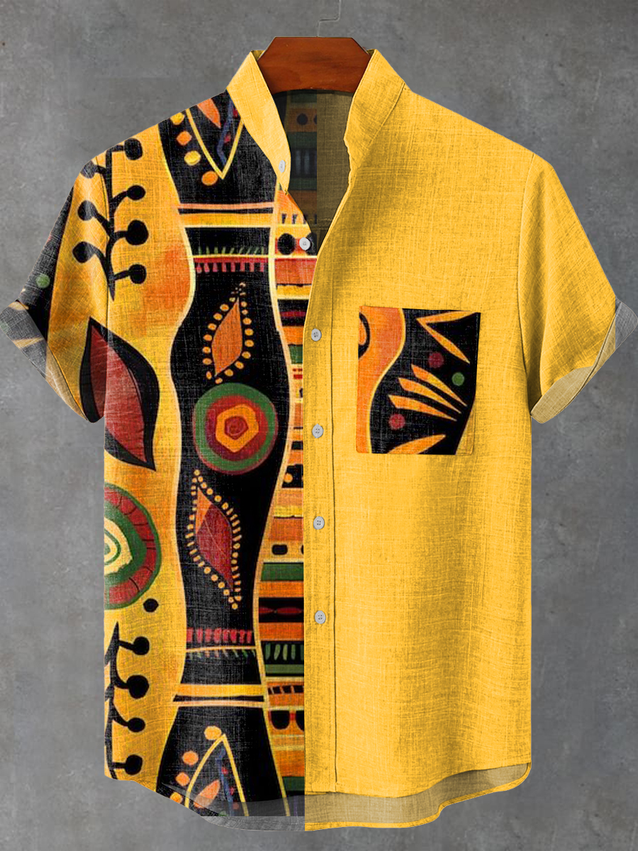 Vintage African Art Abstract Geometry Vintage Print Casual 100% Cotton Shirt