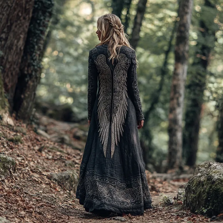 Vintage Viking Celtic Wings Inspired Linen Maxi Dress