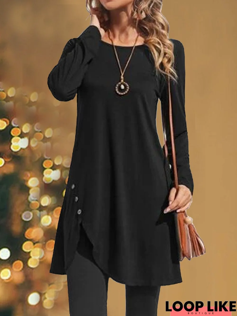 Loose Crew Neck Buttoned Long Sleeve Tunic