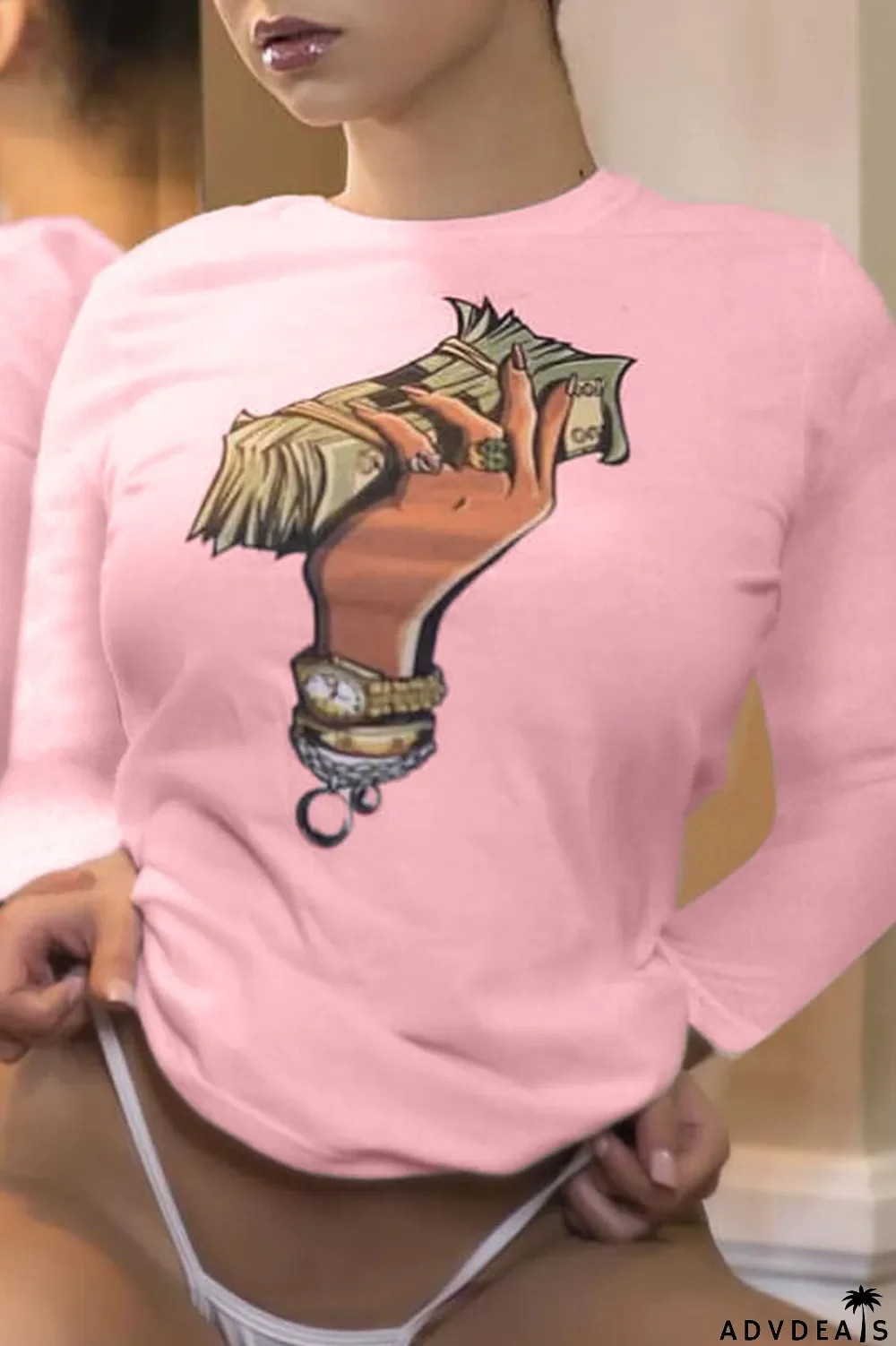 Black O Neck Long Sleeve Slim fit Print Tees & T-shirts