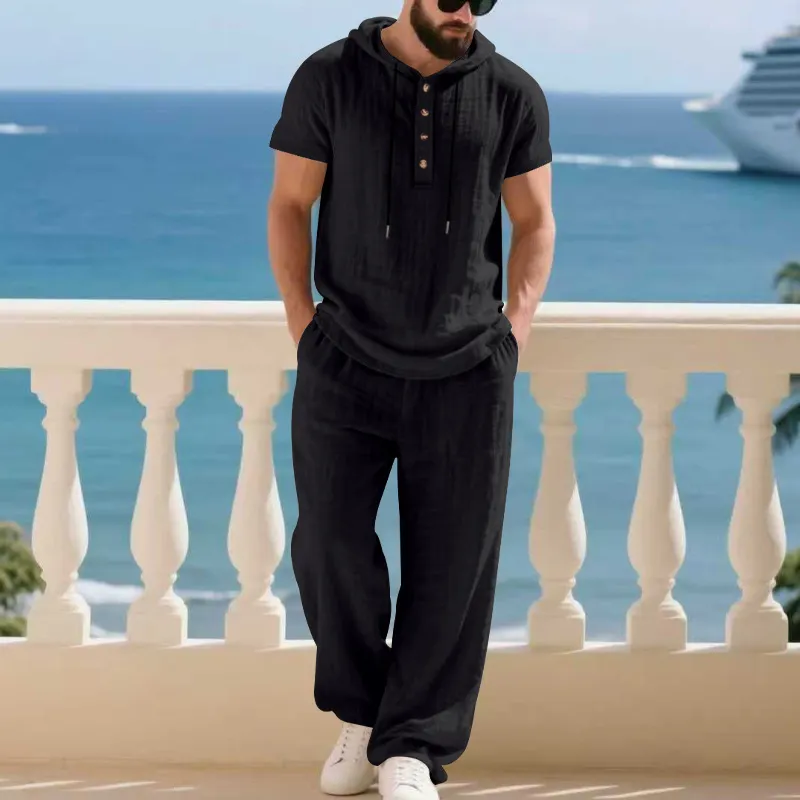 Men’s Summer Short Sleeve Shirt Set Lightweight Premium Linen Hooded Shirt & Loose Straight-Leg Pants Set