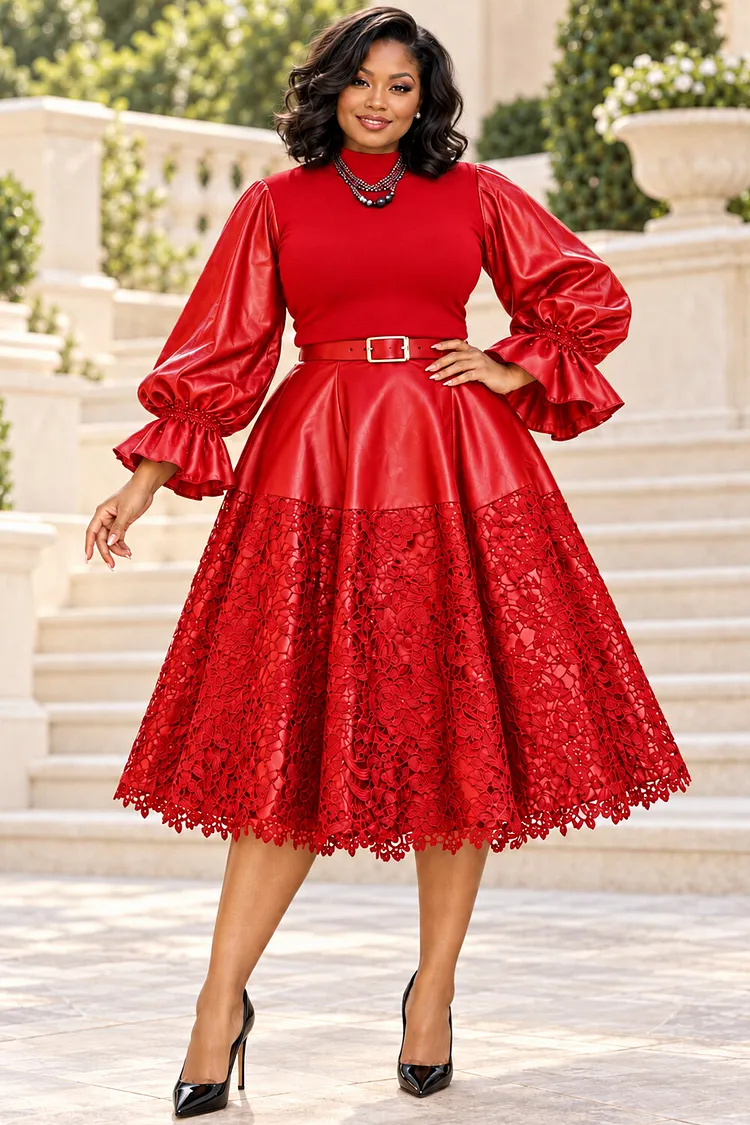 Xpluswear Design Plus Size Formal Lace Red Stand-Up Collar 3/4 Sleeve Contrast Ruffle PU Leather Two Piece Skirt Sets [Pre-Order] 2024 - Xpluswear