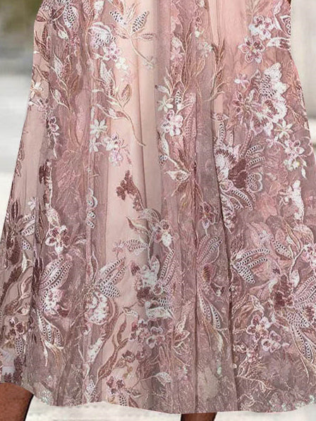 Women's Short Sleeve V-neck Floral Printed Lace Stitching Midi Dress