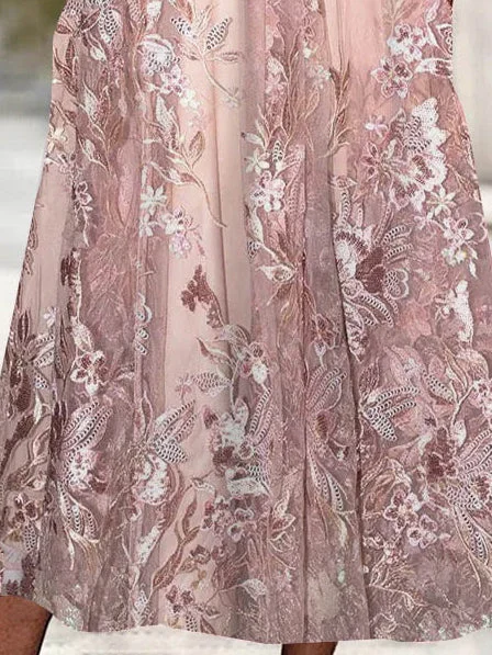 Women's Short Sleeve V-neck Floral Printed Lace Stitching Midi Dress