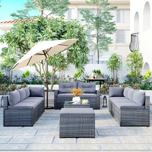 GLVEE 9-piece Outdoor Patio Wicker Gray Sofa Set