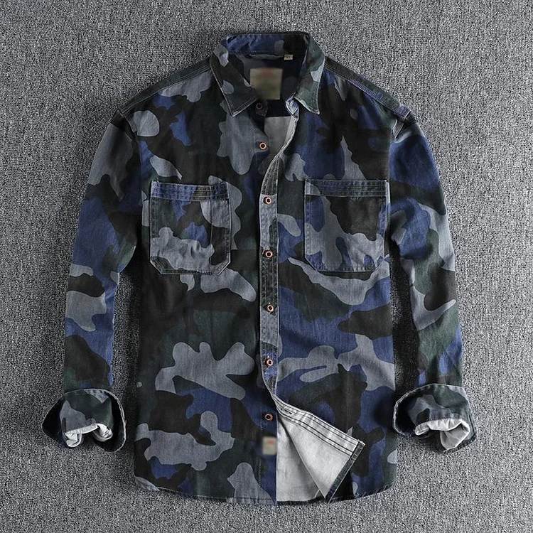Men's Vintage Camouflage Washed Distressed Cotton Pocket Long Sleeve Shirt