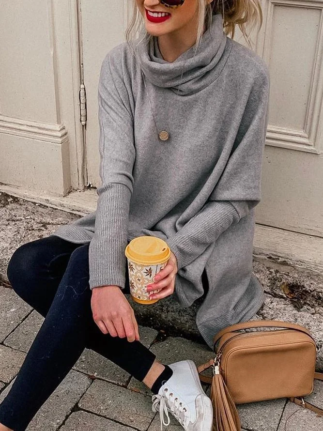Plus Size Casual Turtleneck Long Sleeve Solid Tops