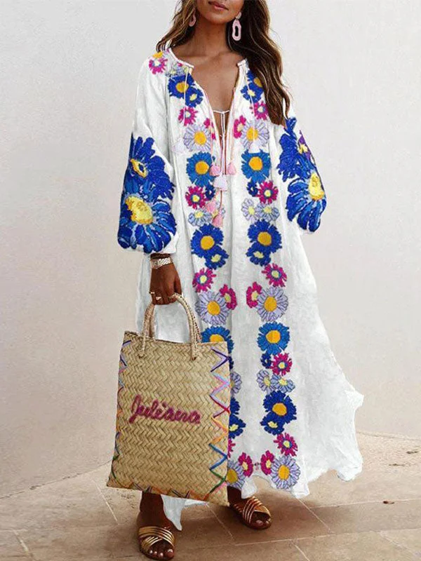 Deep V-Neck Women Puff Sleeve Pattern Long Leisure Dress