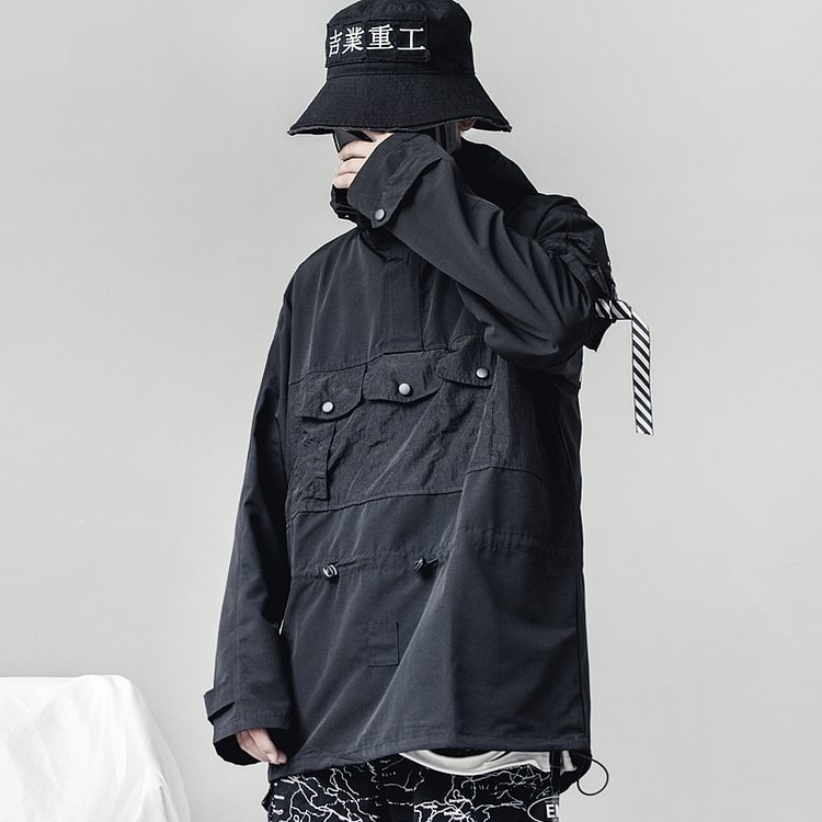 -Guochao Dark Black Multi-pocket Hooded Jacket Loose Functional Workwear Jacket-Usyaboys-Mne and Women's Street Fashion Shop-Christmas