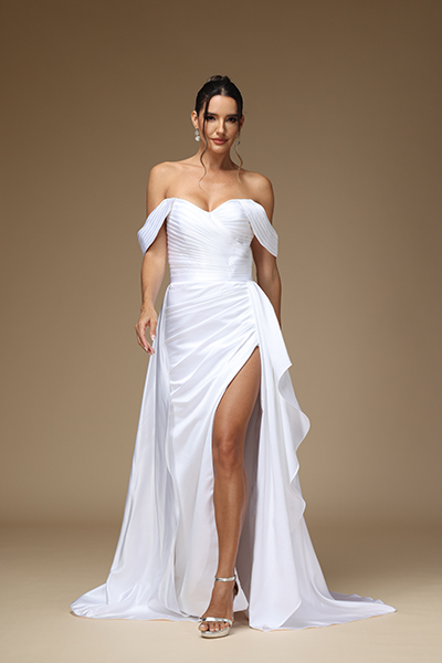 Oknass Simple White Off the Shoulder Pleated Split Prom Dress with Ruffles 