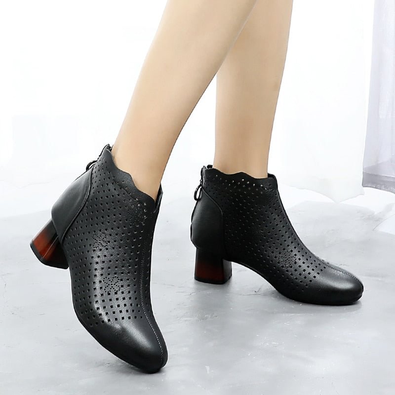GKTINOO 2021 Summer Ankle Boots Genuine Leather Shoes Women Med High Heel Back Zipper Boots Cutout breathable Mujer Zapatos