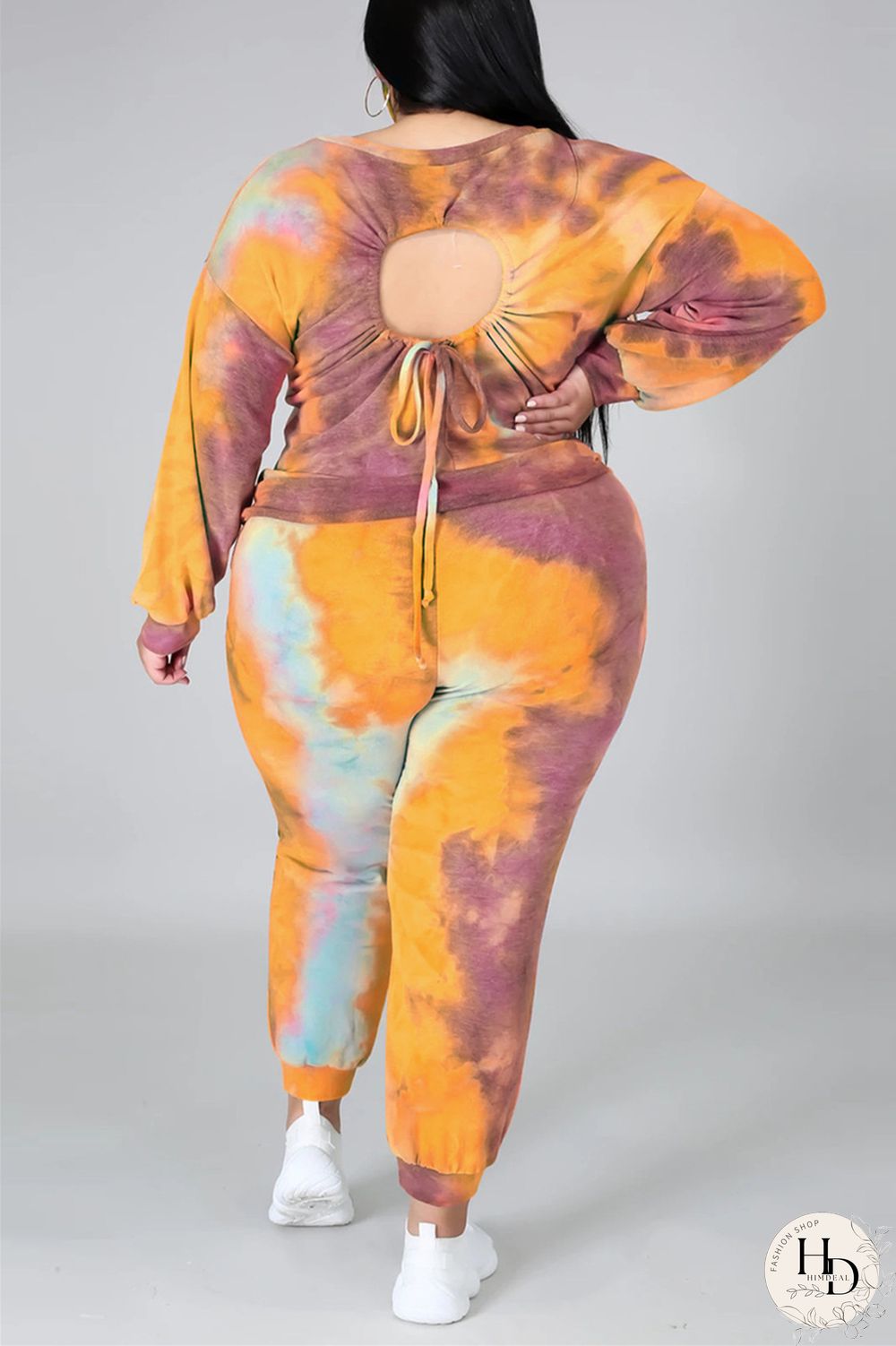 Dark Blue Fashion Casual Print Tie Dye Tie-dye Backless O Neck Plus Size Set